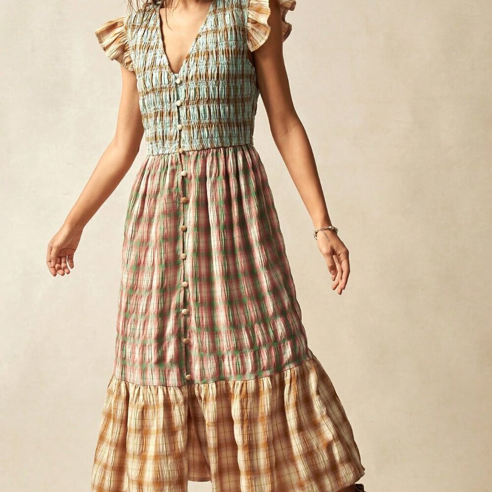Multicolor Boho Women's Plaid V-Neck Slit Dolman Sleeve Mid-Length Dress - Picture 2 of 7